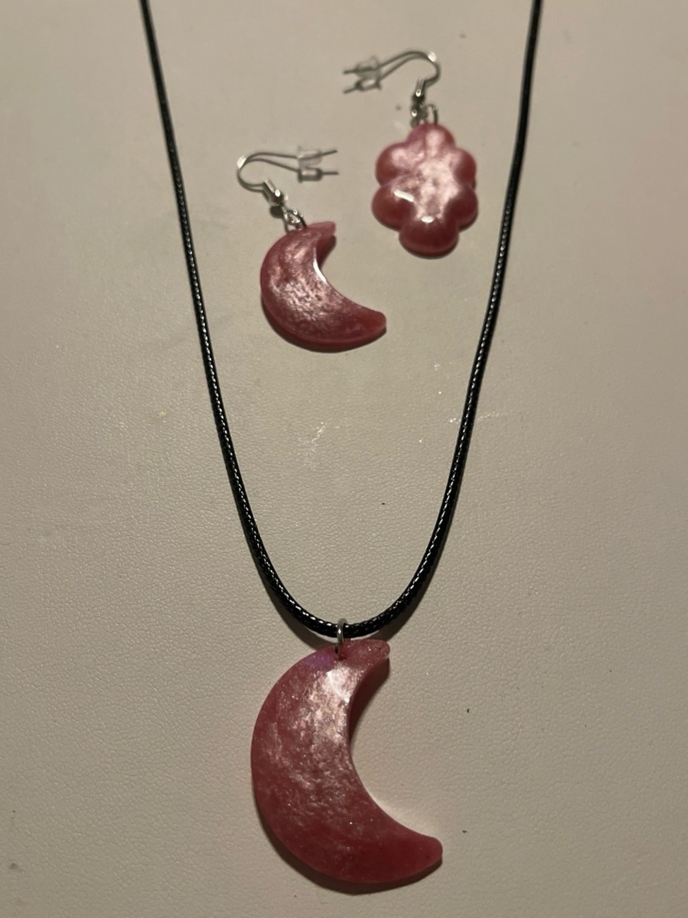 Handcrafted Pink Moon Pendant Necklace with Matching Earrings - Women Jewelry